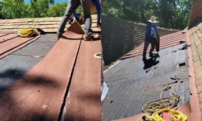standing seam metal roof being torn off