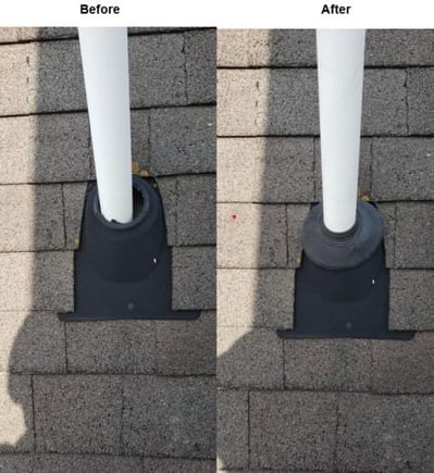 before and after repair on a roof leak caused by pipe boot failure