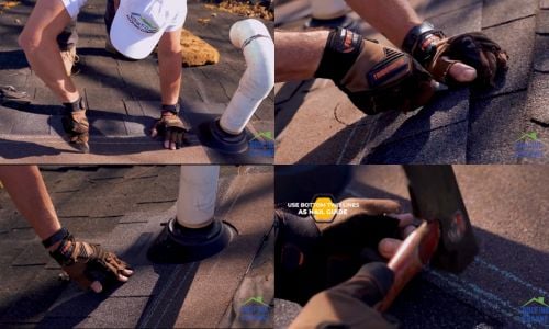 process of fitting and nailing the top shingle on a roof boot around an HVAC pipe