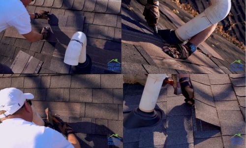 process of fitting and nailing a cover shingle around a roof boot on HVAC pipe