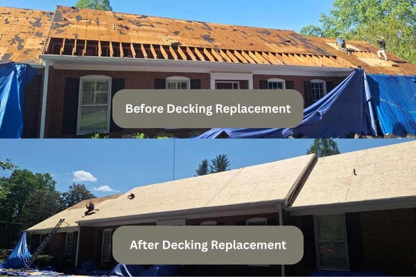 before and after of a full roof decking replacement