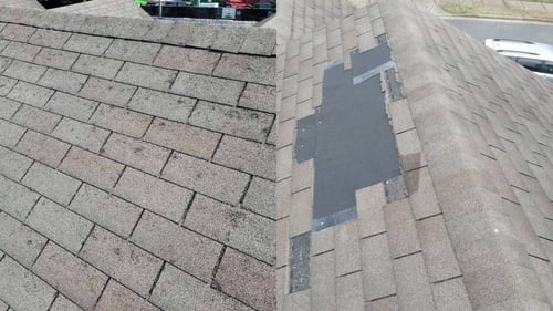 wind damage and hail damage to 3-tab asphalt shingles