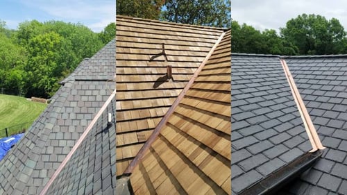 copper roof valley flashing in open valleys on a luxury shingle, cedar shake, and synthetic shingle