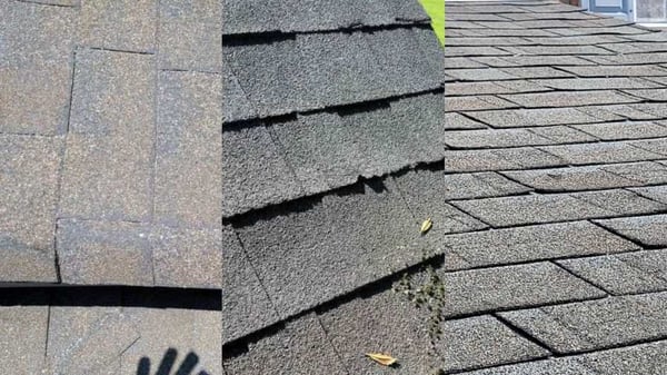 pictures of cracked, curled, and breaking asphalt shingles