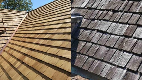 side by side comparison of a newly installed cedar shake roof and an aged cedar shake roof