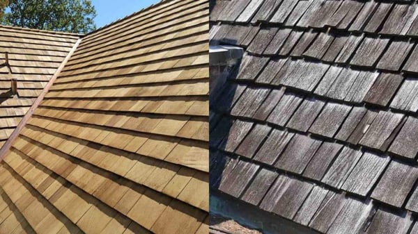 side by side example of newly installed cedar shake shingles and aged cedar shake shingles