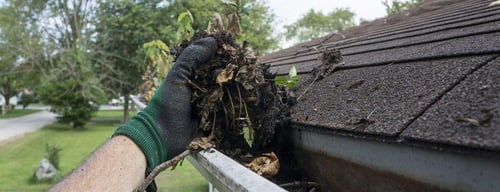 cleaning out gutters as part of roof maintenance