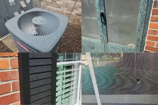 examples of hail damage to screen door, wooden shutter, hvac unit, and window screen