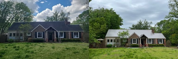 before and after replacing architectural asphalt shingle roof with standing seam metal roof