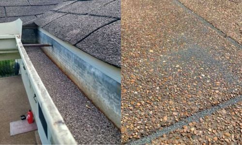 loose asphalt granules in gutters and on the ground