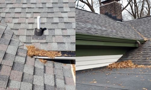gutters dying into a roof valley on an asphalt shingle roof