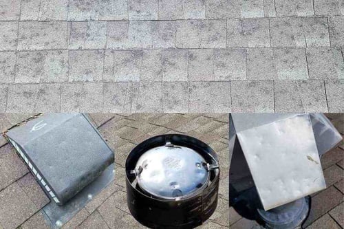 hail damage to asphalt shingles and soft metals on a roof