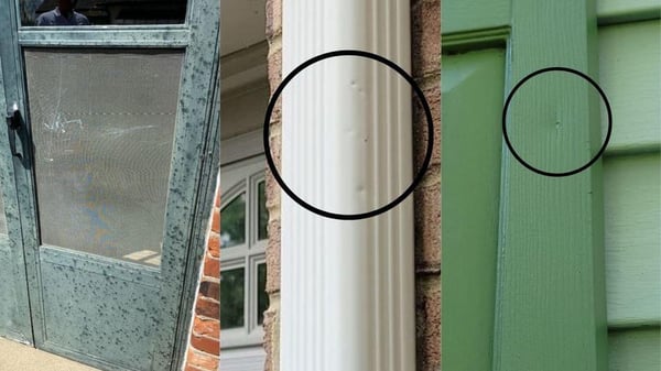 hail damage to door, down spout, and wood shutter