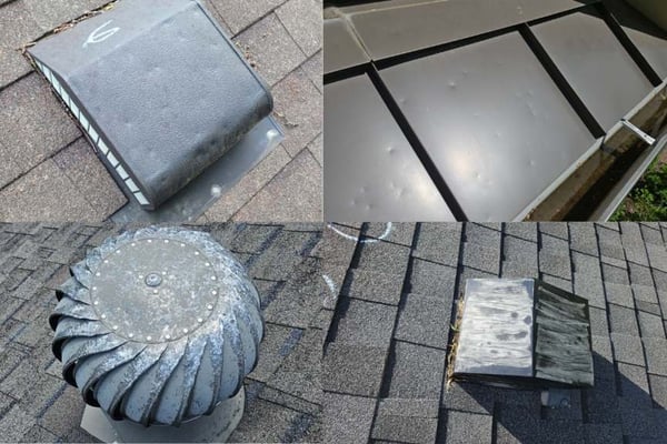 examples of hail damage to roof vents and metal roofing
