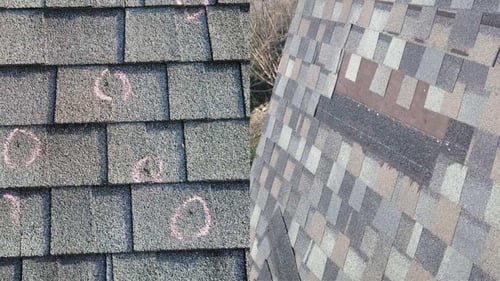 example of hail damage and wind damage to architectural asphalt shingle roof