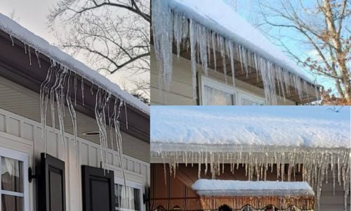example of ice dams forming at the gutter lines on roofs