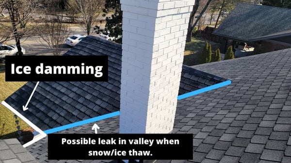 example of how ice damming can cause a roof leak in a roof valley