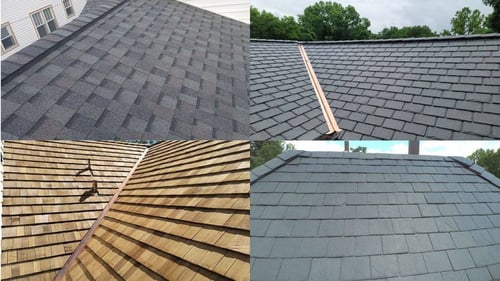 asphalt shingles, synthetic shingles, cedar shakes, and slate tiles