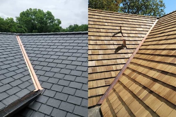 examples of open valleys on a synthetic slate shingle roof and natural cedar shake roof