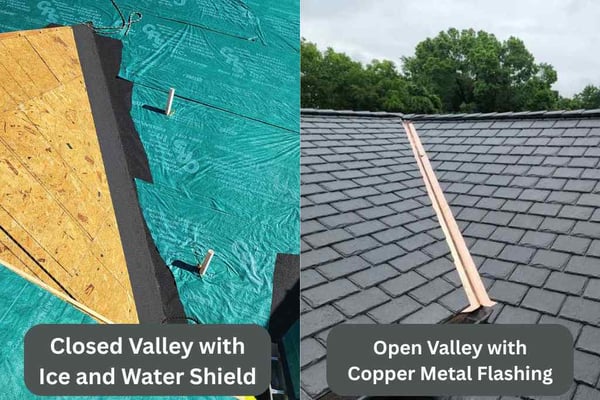 examples of a closed valley with ice and water shield and a closed valley with copper metal flashing