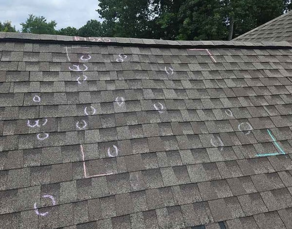 hail damage marked with chalk on an architectural asphalt shingle roof