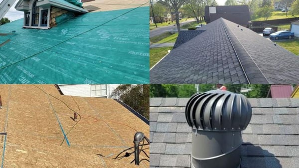 underlayment, architectural asphalt shingles, OSB roof decking, and a turbine vent